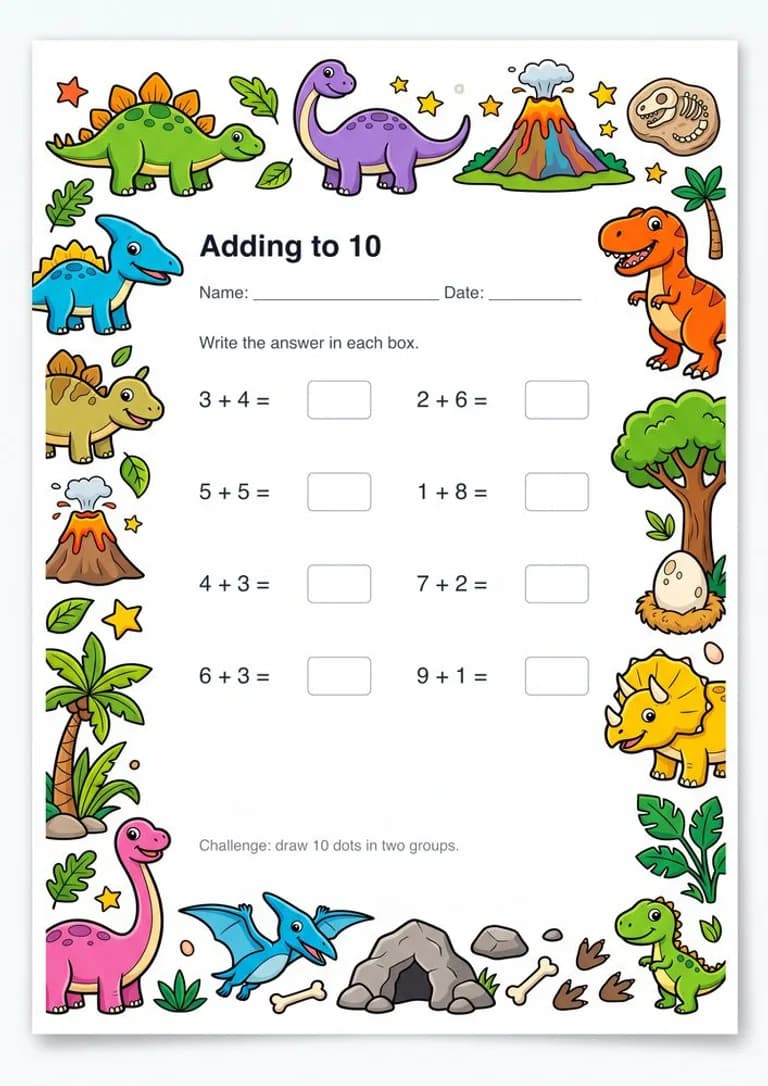The same worksheet redrawn around dinosaurs, questions untouched