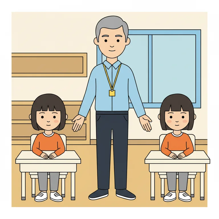 Illustration from a sample social story about a different teacher today: The different teacher stands at the front of the classroom, facing the class with both hands open and relaxed at their sides, a calm expression on their face.