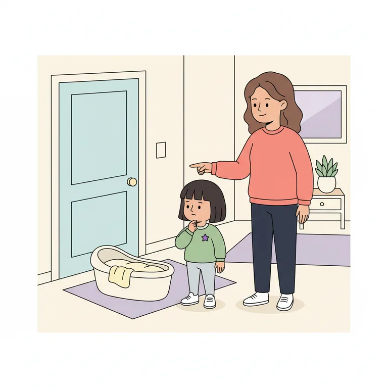 Illustration from a sample social story about a new baby at home: The main character stands in the hallway of a home, looking at a small Moses basket on the floor near the front door.