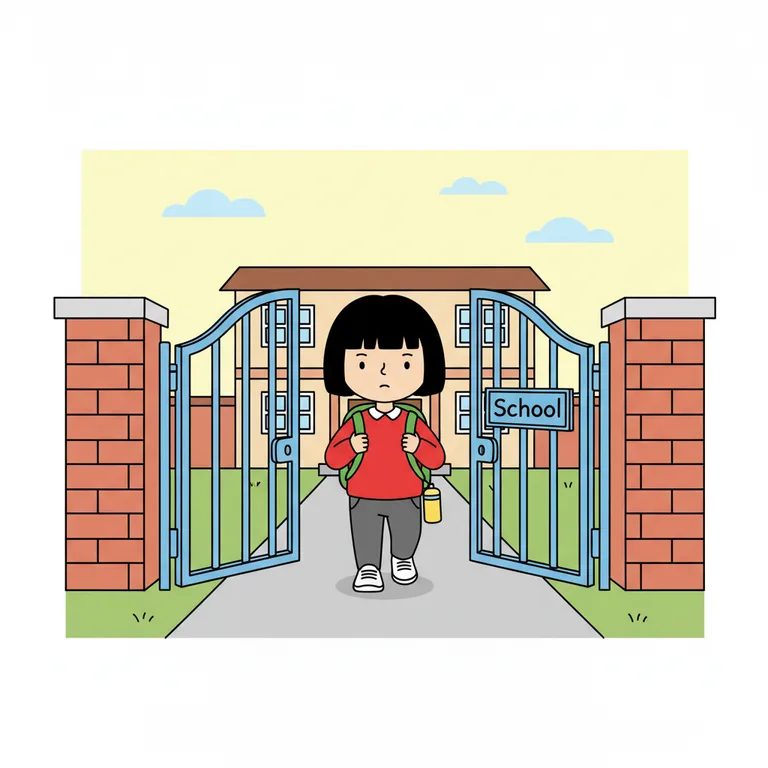 Illustration from a sample social story about arriving at school in the morning: Character walking through a wide open metal gate painted blue, with a low brick wall on either side.