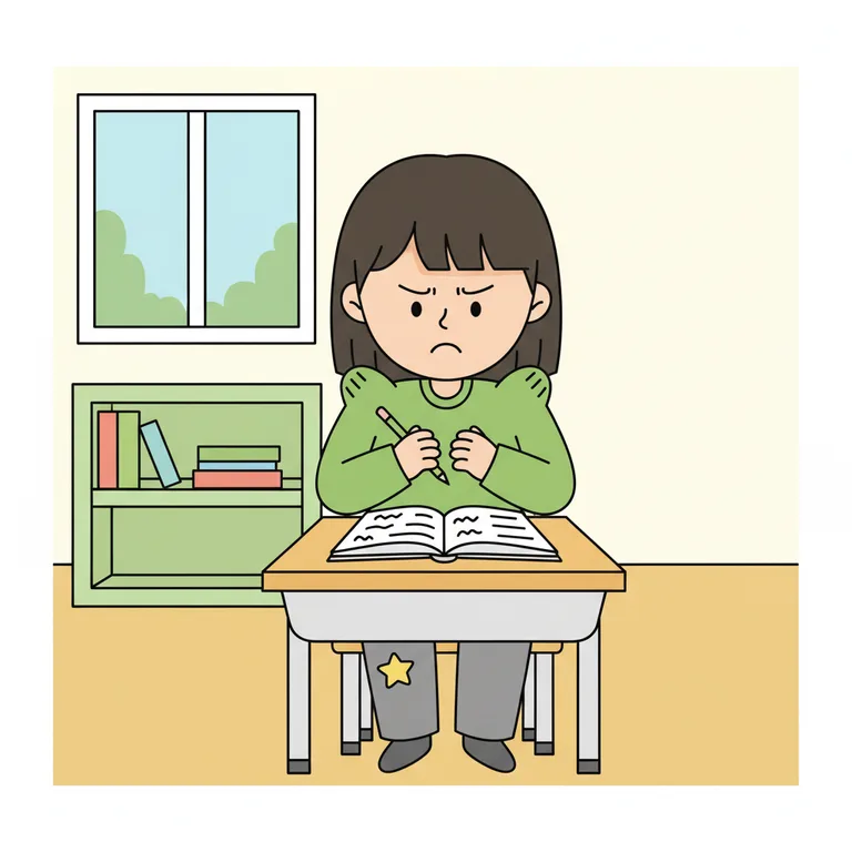 Illustration from a sample social story about asking for help in class: The character sits at a small wooden classroom desk, looking down at an open exercise book with a pencil in their hand.