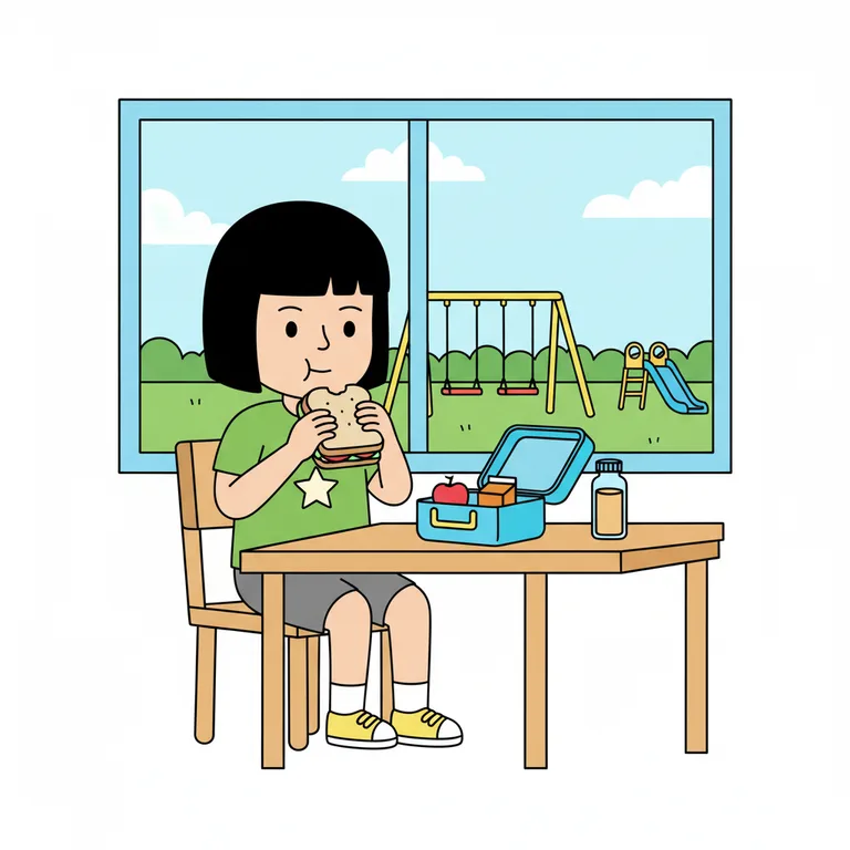 Illustration from a sample social story about eating lunch at school: The character seated at the lunch table, holding a sandwich with both hands and taking a bite.