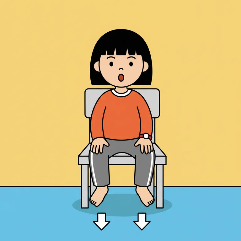 Illustration from a sample social story about feeling angry or frustrated: The character sitting upright on a chair, both feet flat on the floor, hands resting open on their knees, mouth slightly open as if breathing out.