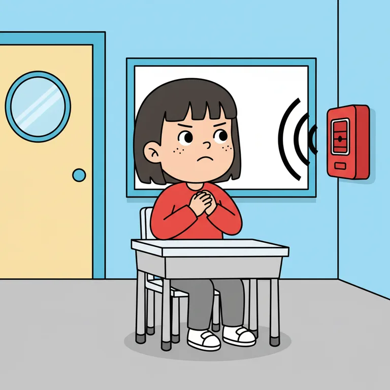 Illustration from a sample social story about fire drill: Interior of a bright, simple classroom.