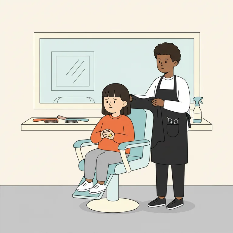 Illustration from a sample social story about getting a haircut: The character is seated in a large, raised hairdresser's chair in a bright salon.