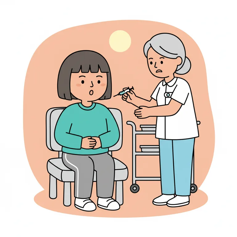 Illustration from a sample social story about getting a needle: The character sits on a low padded chair with both hands clasped together in their lap, fingers interlocked.