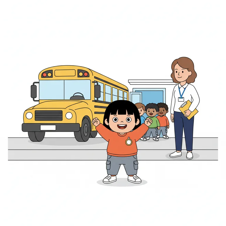 Illustration from a sample social story about going on a school excursion: The character stands outside the school front entrance beside a large yellow school bus parked at the kerb.