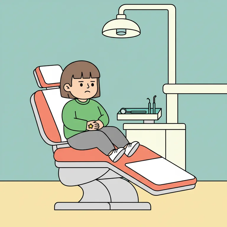 Illustration from a sample social story about going to the dentist: The character is sitting upright in a large, slightly reclined dentist chair that is pale grey with a white headrest.