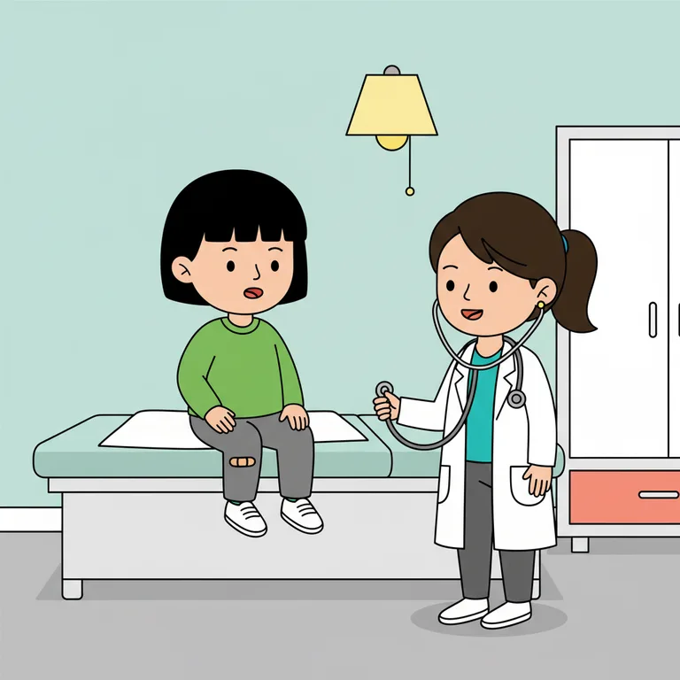 Illustration from a sample social story about going to the doctor: The character sits upright on the examination table, hands resting flat on their knees, mouth slightly open as if breathing.