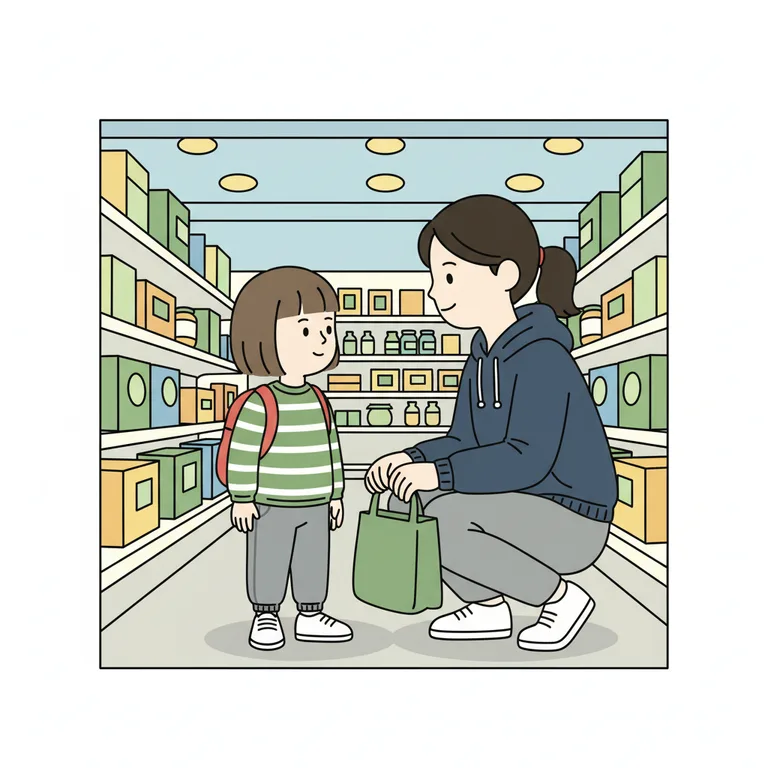 Illustration from a sample social story about going to the supermarket: The parent crouching down to eye level with the main character in the supermarket aisle.