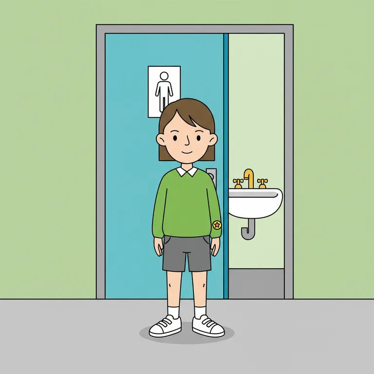 Illustration from a sample social story about going to the toilet at school: The character stands in a school corridor facing a door marked with a toilet sign.