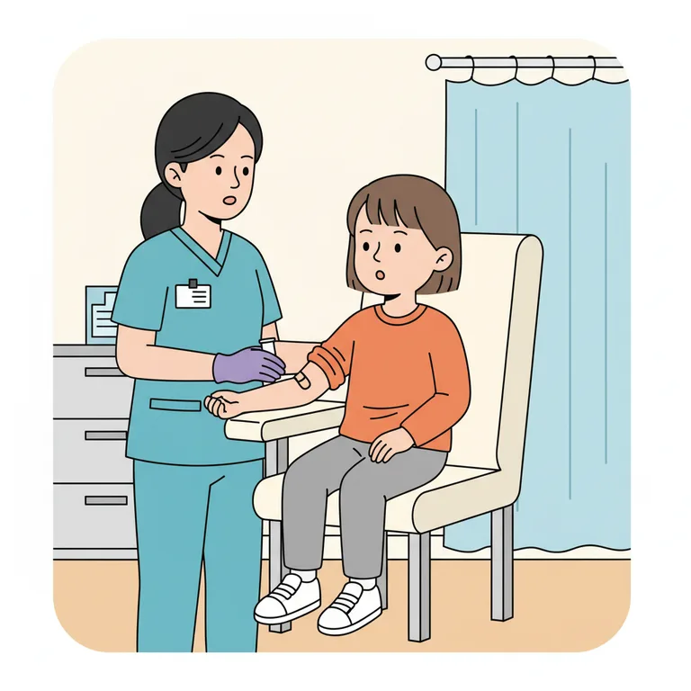 Illustration from a sample social story about having a blood test: Close view of the character seated in the clinic chair, left arm resting flat on the armrest, right hand curled into a fist resting on their knee.