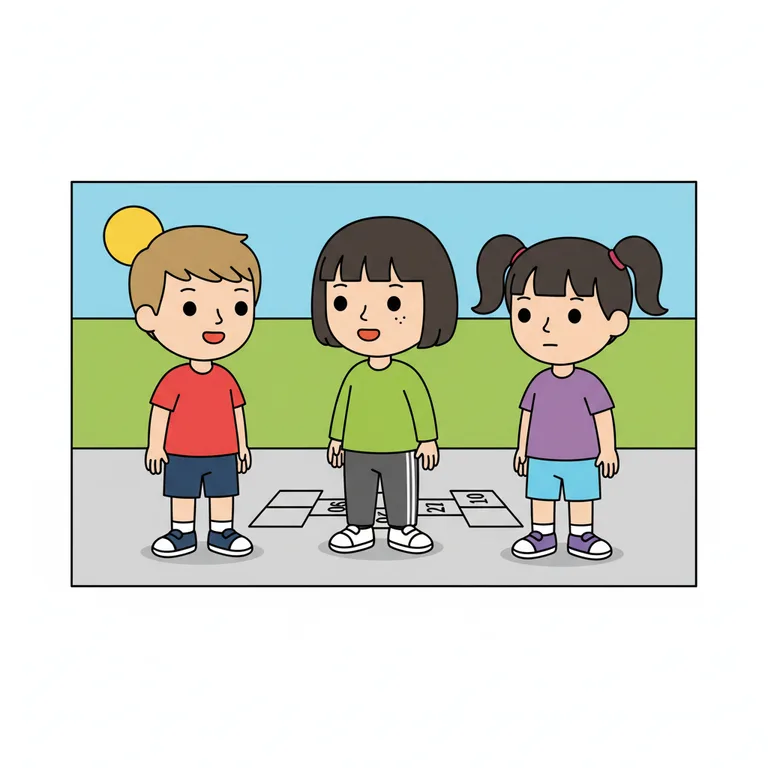 Illustration from a sample social story about joining a game at recess: The main character has walked up to the edge of the hopscotch grid and is standing close to the two classmates.