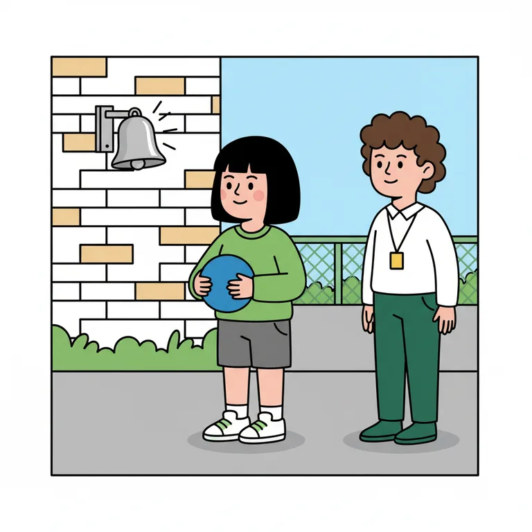 Illustration from a sample social story about lining up: Outdoor school playground with a silver bell mounted on a brick wall, sound lines drawn around it to show it is ringing.