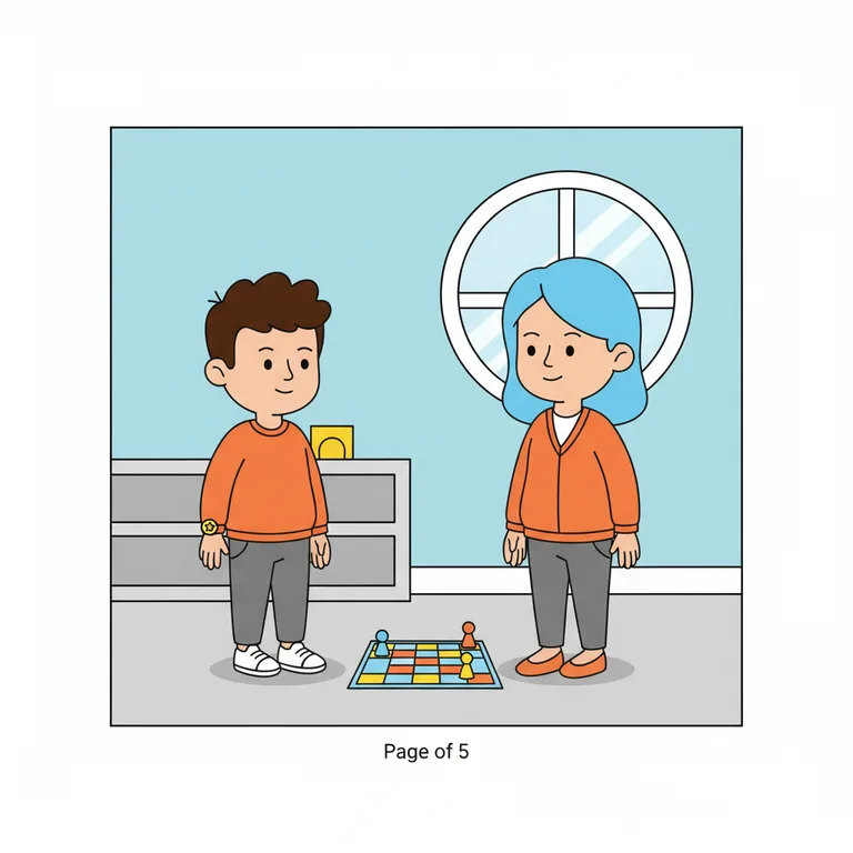 Illustration from a sample social story about losing a game: A teacher standing nearby, facing the character with a calm, gentle expression and hands at their sides.