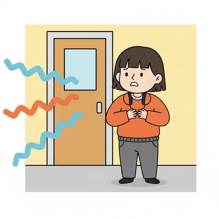 Illustration from a sample social story about loud noises at school: The character standing in a school corridor with a startled expression.
