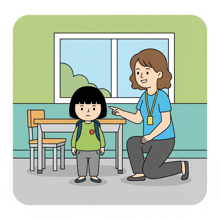 Illustration from a sample social story about moving to a new classroom: The new teacher crouching slightly to be at the same height as the character, smiling and pointing to an empty chair at a table near the window.