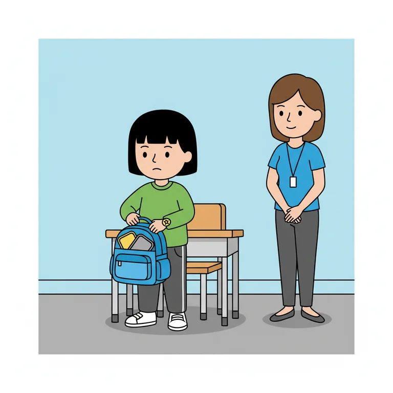 Illustration from a sample social story about packing up at the end of the day: The teacher stands nearby watching, with a calm expression and her hands clasped in front of her.