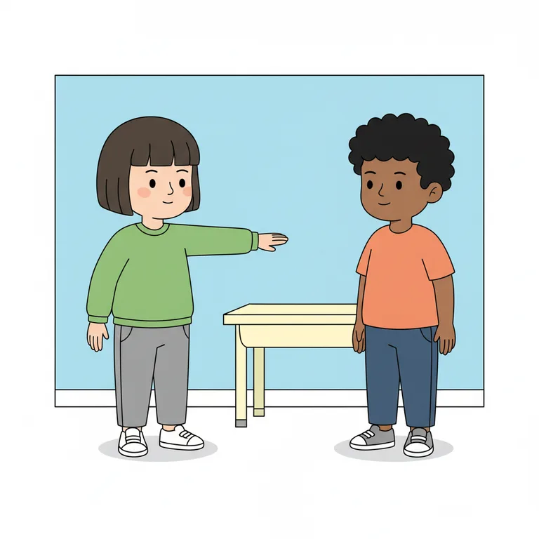 Illustration from a sample social story about personal space: Main character standing in a bright classroom, facing the friend.