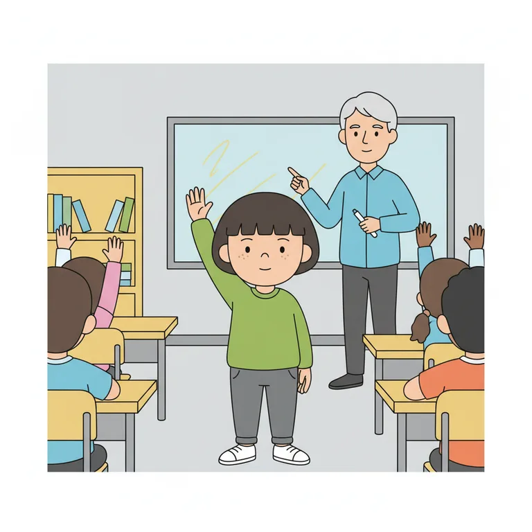 Illustration from a sample social story about putting up my hand: The teacher stands at the front of the classroom looking at several raised hands visible from behind.