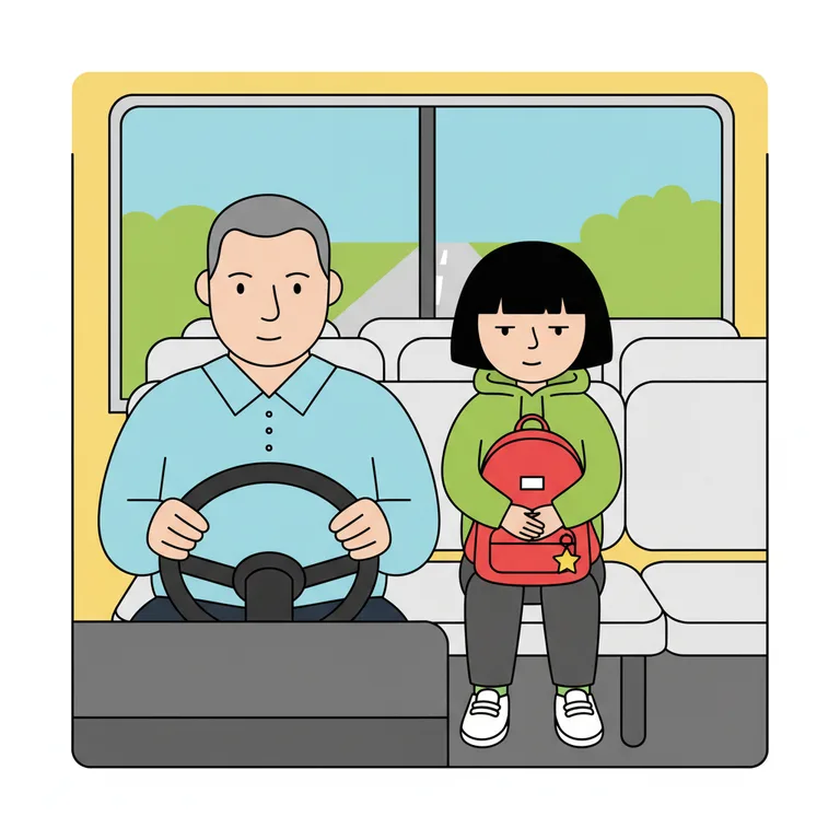Illustration from a sample social story about riding the school bus: The bus driver is seated at the front behind the steering wheel, looking ahead at the road.