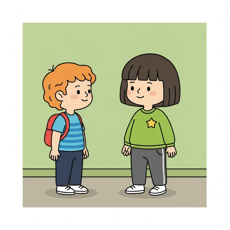 Illustration from a sample social story about saying hello to someone new: Main character standing facing the new child, both visible in the corridor.