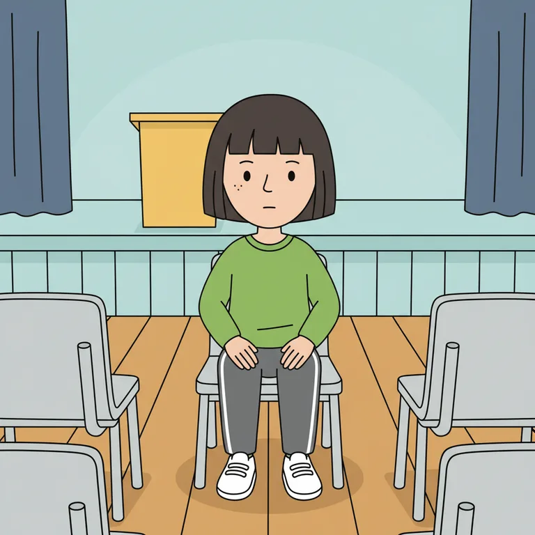 Illustration from a sample social story about school assembly: Close view of the main character sitting upright on a chair in the hall.