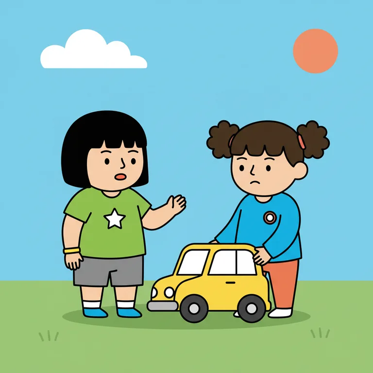 Illustration from a sample social story about sharing with friends: The main character is standing close to the friend, mouth open slightly to show they are speaking, one hand raised slightly towards the toy car.