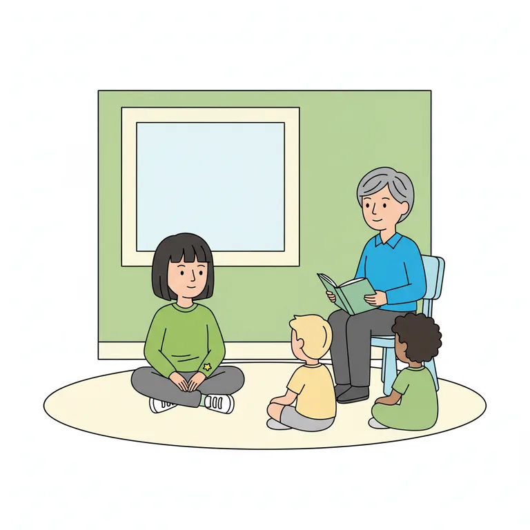 Illustration from a sample social story about sitting on the mat: The main character sitting cross-legged on the mat, looking toward the teacher who is seated in a low chair holding an open book.