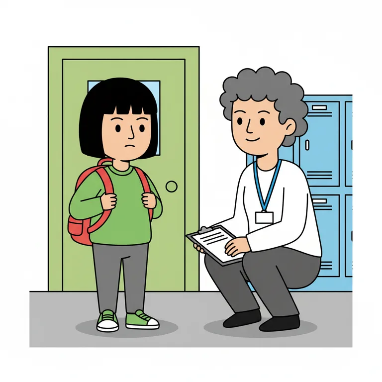 Illustration from a sample social story about starting at a new school: The teacher crouches down to the character's level in the corridor, making eye contact and smiling gently.