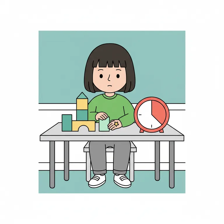 Illustration from a sample social story about stopping when the timer ends: The character is sitting at a low classroom table, looking down at an activity — building with coloured blocks.