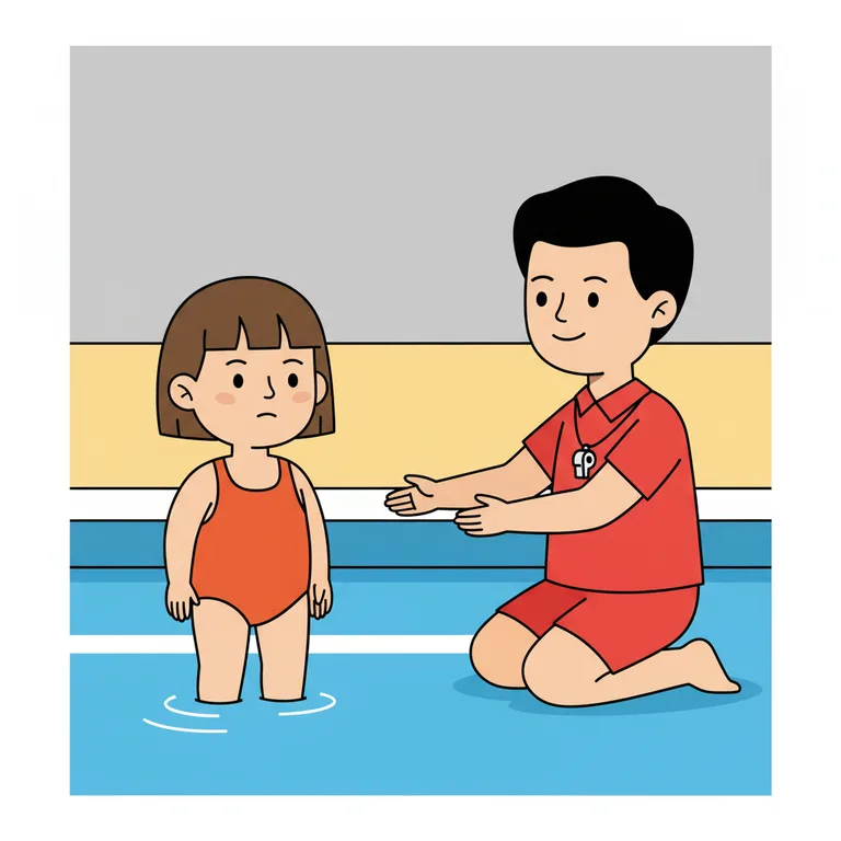Illustration from a sample social story about swimming lessons: The swimming teacher kneeling at the pool edge, arms gently extended toward the character who is in the shallow end of the pool.