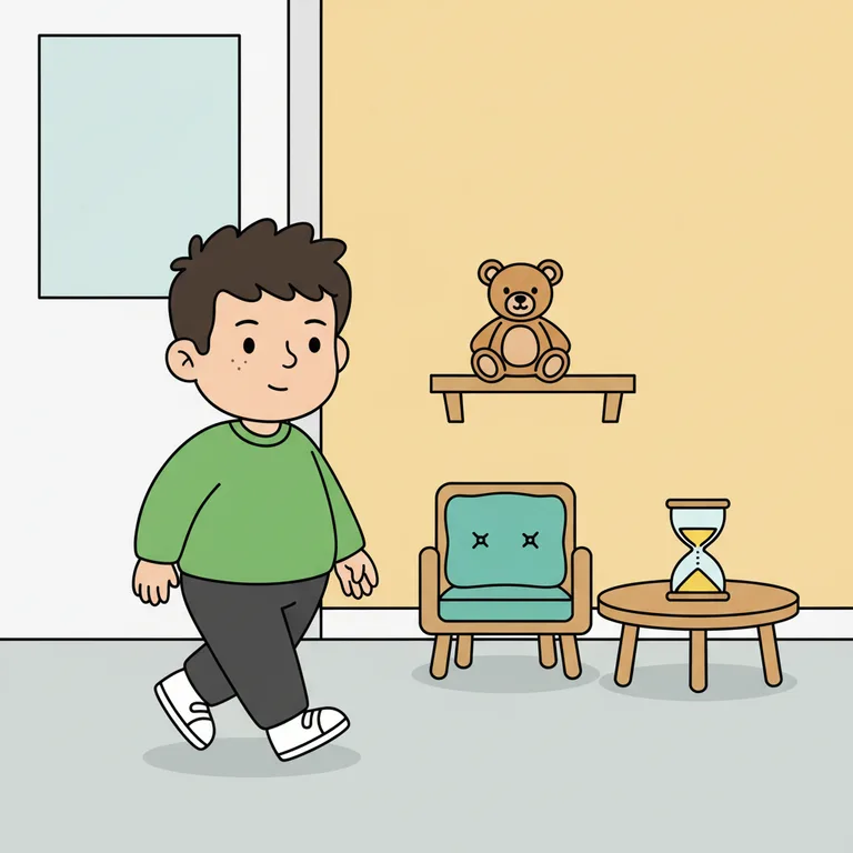 Illustration from a sample social story about taking a break in the calm corner: The character is mid-step, walking across the classroom floor toward the calm corner.