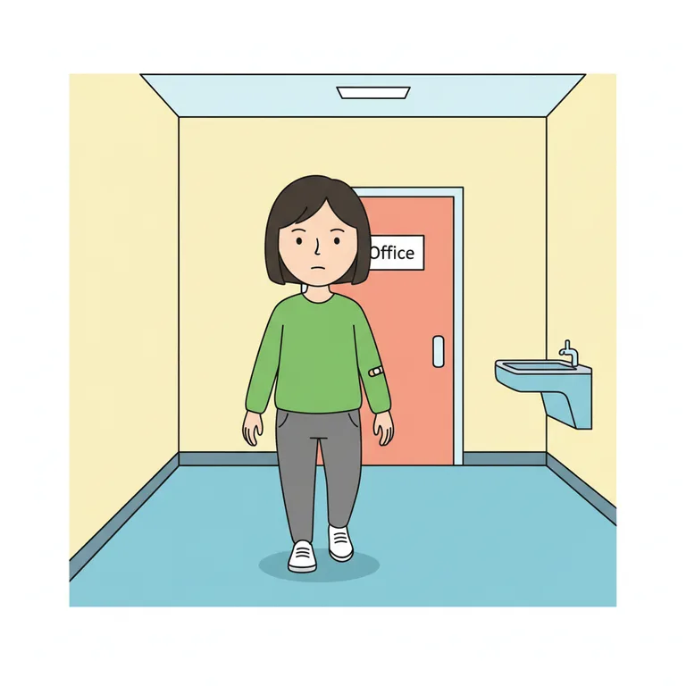 Illustration from a sample social story about taking medicine: The main character walking along a school corridor towards a door with a small sign on it that reads 'Office'.