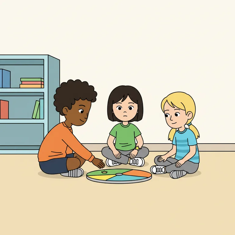 Illustration from a sample social story about taking turns: Three children sitting in a small circle on a classroom floor.