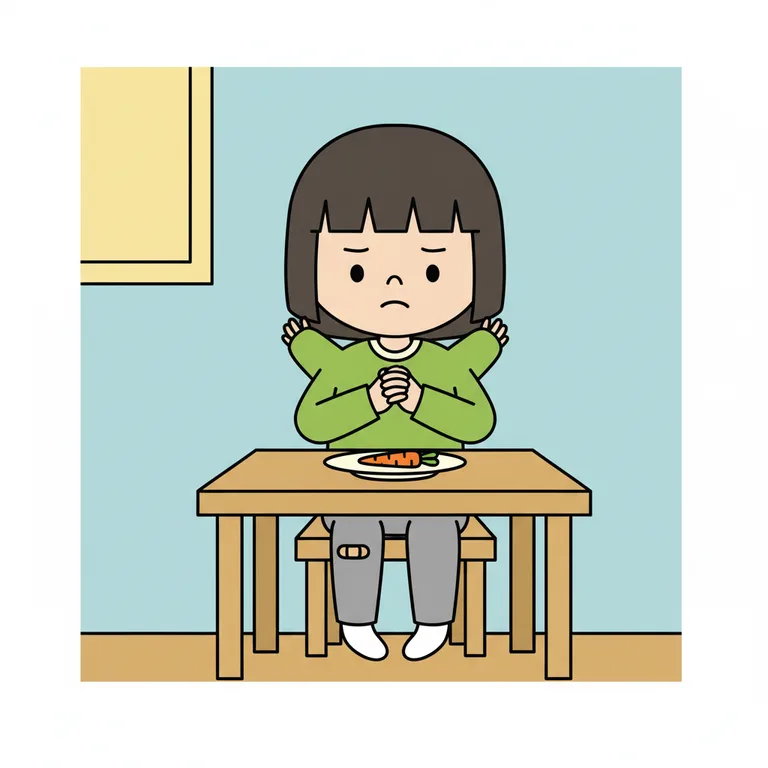 Illustration from a sample social story about trying new foods: Character seated at a small table, looking down at a plate in front of them.