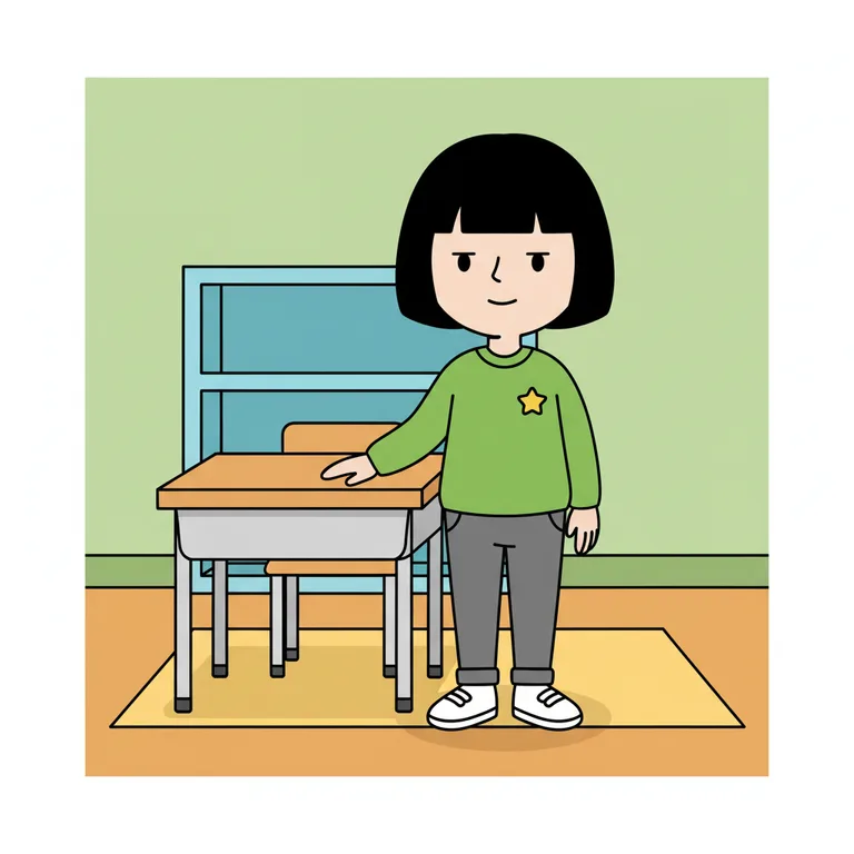 Illustration from a sample social story about using a quiet voice inside: The main character stands next to their classroom desk, lips gently closed, one hand resting flat on the desk.