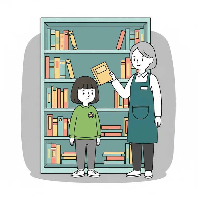 Illustration from a sample social story about visiting the library: The librarian stands beside the character near the bookshelf, pointing to a book on the shelf with one hand.