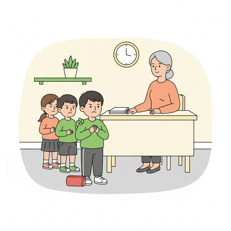 Illustration from a sample social story about waiting my turn: The character stands in a classroom beside a small queue of two other children at a teacher's desk.