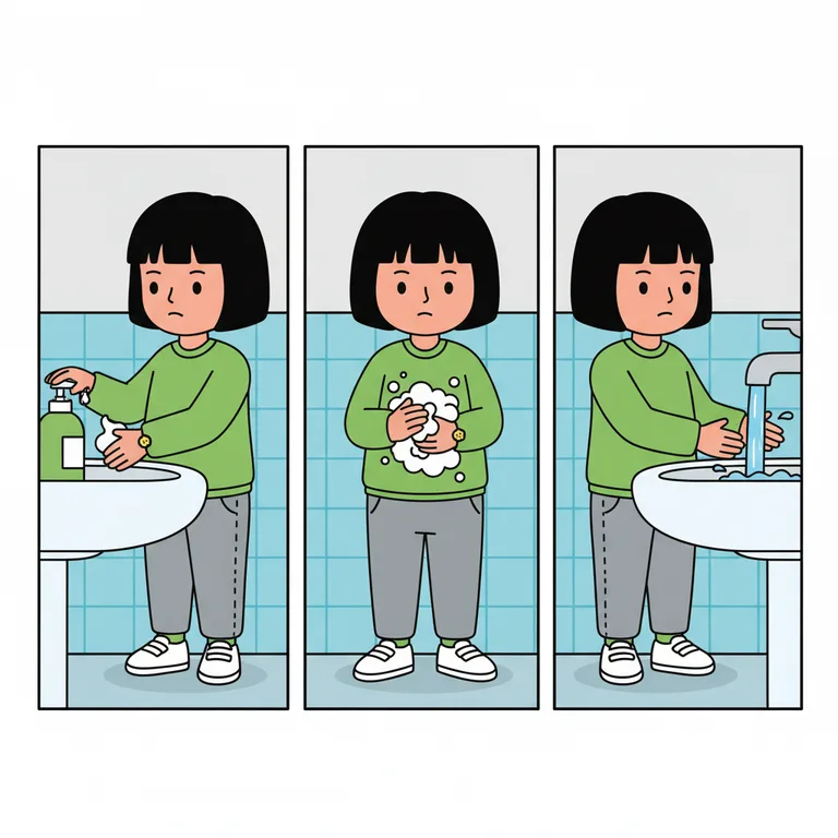 Illustration from a sample social story about washing my hands: Character at the sink in a three-part moment: left hand pressing the green soap dispenser, then both hands pressed together with soap foam between them, then…