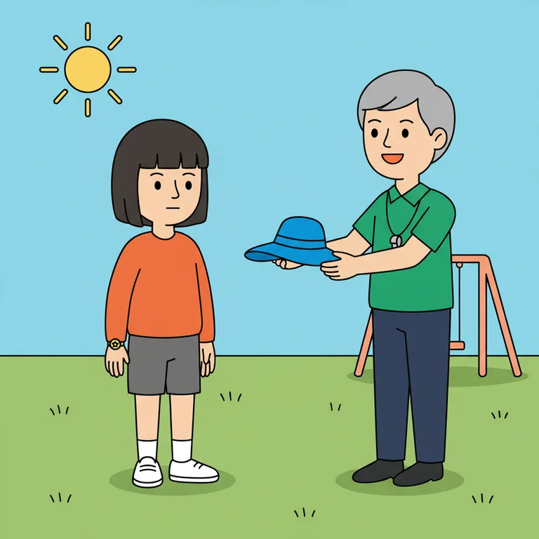 Illustration from a sample social story about wearing a hat at school: The teacher stands beside the character outside on the playground, holding out the wide-brimmed blue hat toward the character with both hands and smiling.