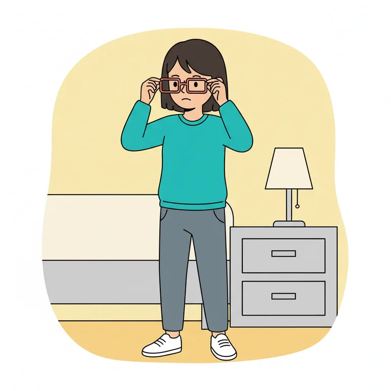 Illustration from a sample social story about wearing glasses: The character holds their coral-pink glasses with both hands, arms raised, carefully lowering the glasses towards their face.
