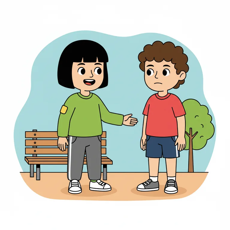 Illustration from a sample social story about when a friend says no: Main character standing in a school playground, facing the friend, mouth open as if speaking, one arm reaching slightly toward the friend.