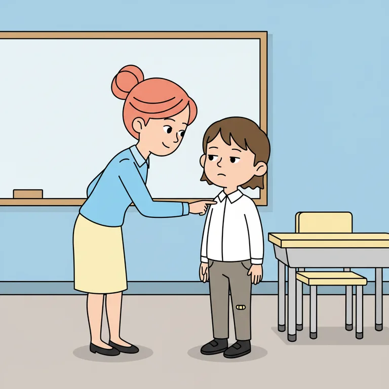 Illustration from a sample social story about when my uniform feels scratchy: The character standing directly in front of the teacher, one finger pointing to the collar of their shirt.
