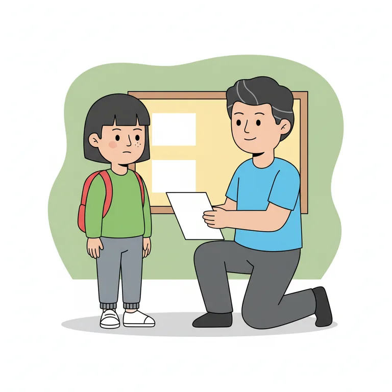 Illustration from a sample social story about when the timetable changes: The teacher kneels down to the character's level, holding the white piece of paper flat so the character can see it.